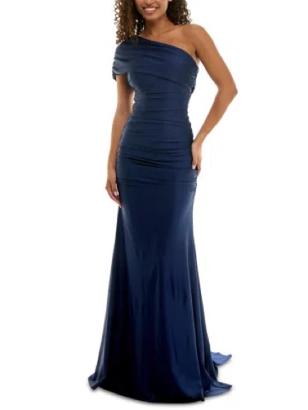 NWT B Darlin Juniors' One-Shoulder Draped Floor-Sweeping Navy Evening Gown